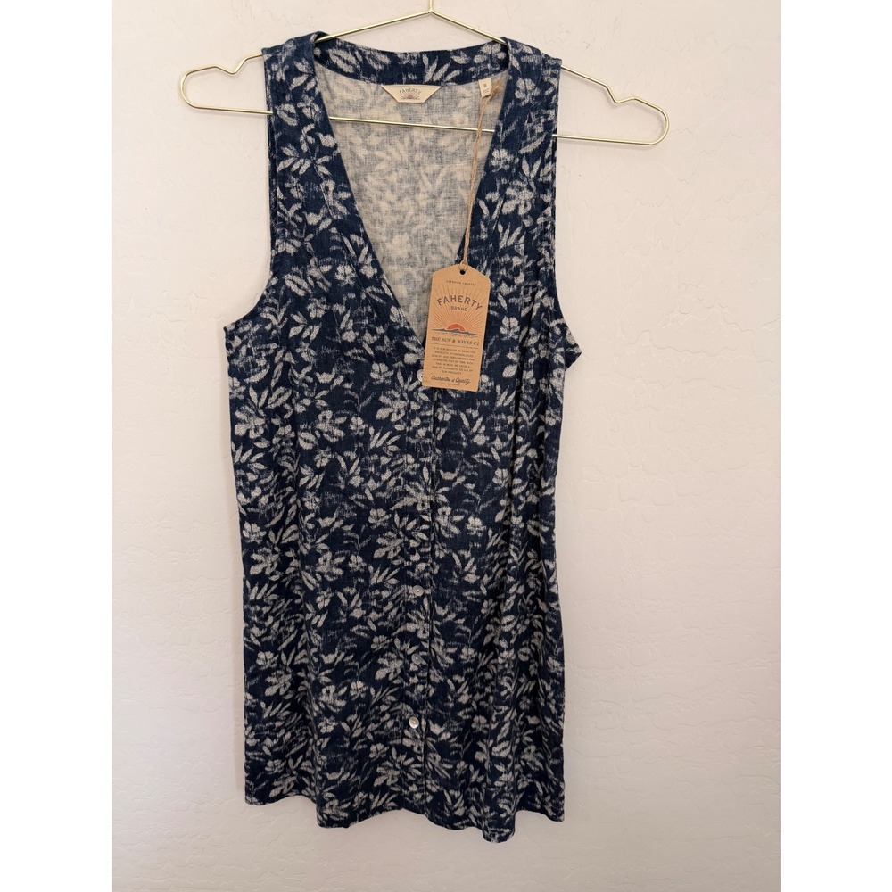 Faherty Sun Strider 100% Flax Linen Dress XS Navy Floral NWT Coastal Beachy Boho